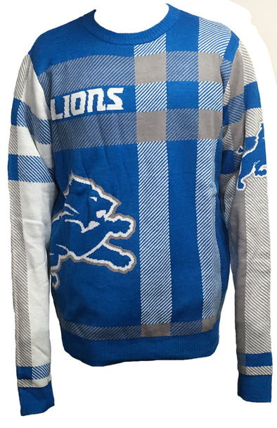 Forever Collectibles NFL Men's Detroit Lions Plaid Crew Neck Sweater