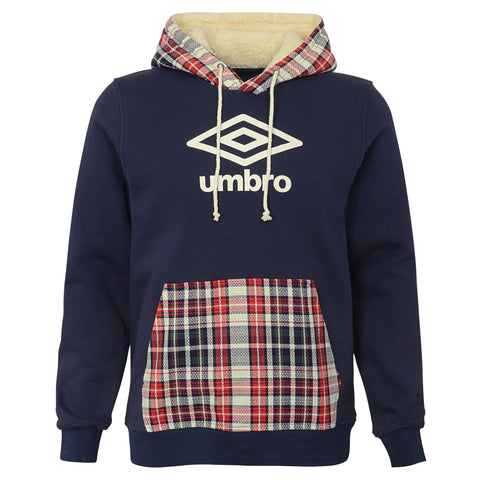 Umbro Men's Tartan Sherpa Fleece Heavyweight Hoodie, Navy/Vermillion