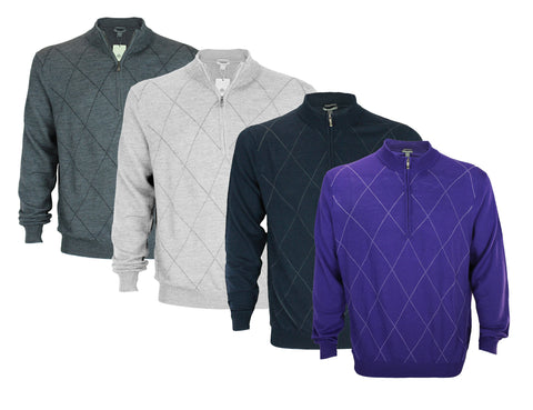 Ashworth Men's Diamond Merino Wool Half Zip Pullover Golf Sweater, Several Colors