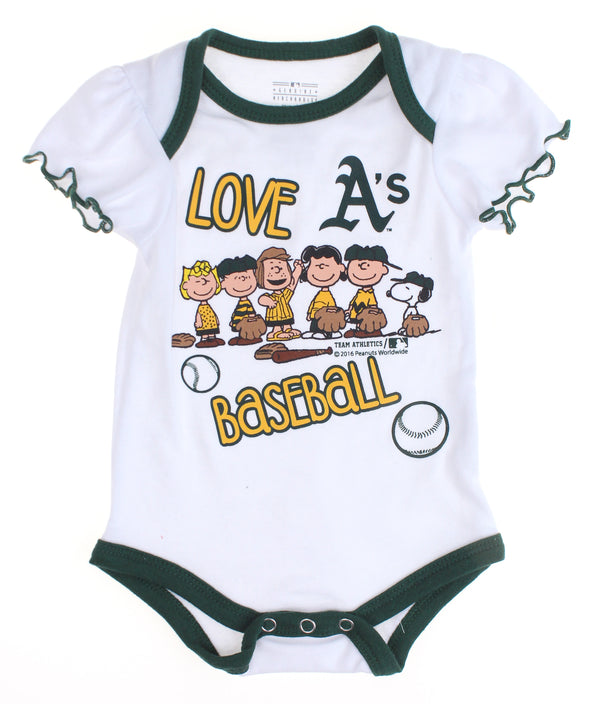 MLB Infants Oakland A's Athletics Peanuts Love Baseball Creeper, White