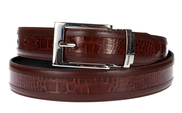 Stacy Adams Mens 6-203 Leather Belt w/ Croco Embossed Center Detail, Cognac