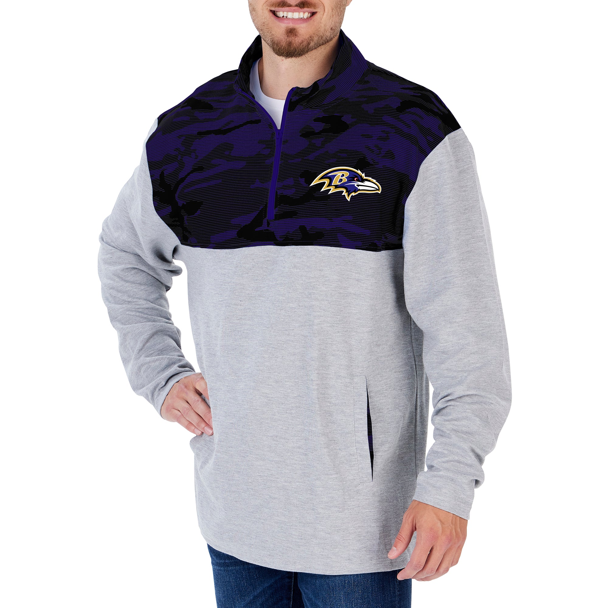 Zubaz Baltimore Ravens Gray Camo Lines Quarter Zip, Extra Large