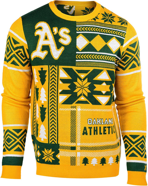 FOCO Oakland Athletics MLB Men's Patches Ugly Sweater, Green/Gold
