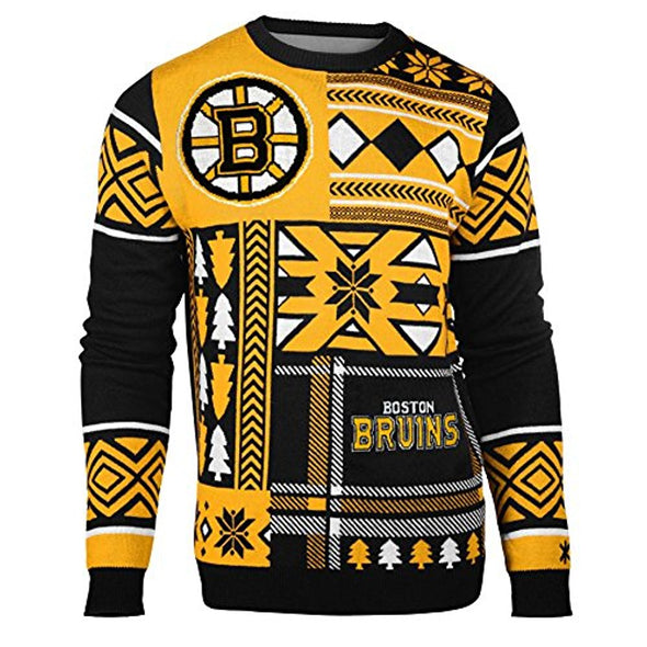 Klew NHL Men's Boston Bruins Patches Ugly Sweater, Black/Yellow