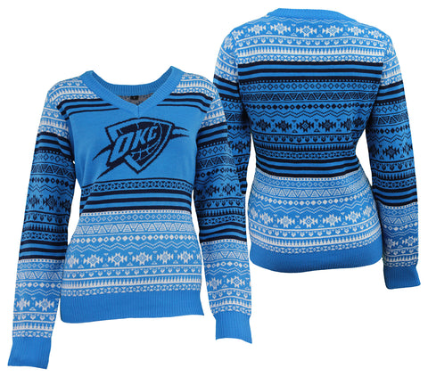 FOCO NBA Women's Oklahoma City Thunder Big Logo Aztec V-Neck Sweater
