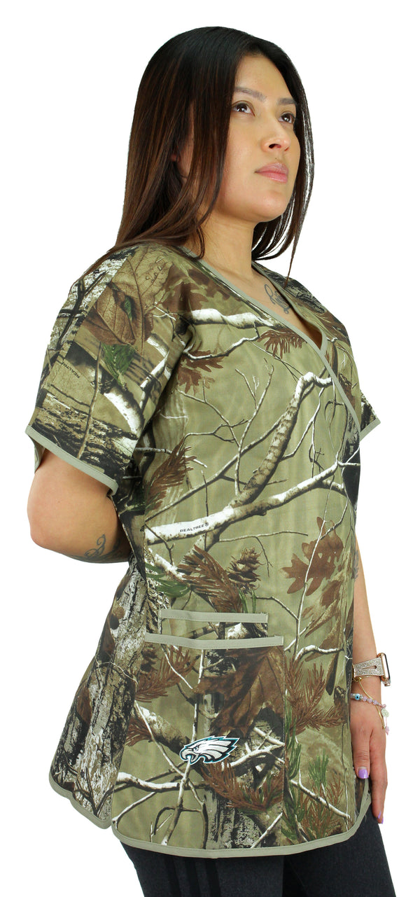 Fabrique Innovations NFL Women's Philadelphia Eagles Camo Wrap Logo Scrub Top