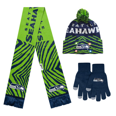 FOCO X Zubaz NFL Collab 3 Pack Glove Scarf & Hat Outdoor Winter Set, Seattle Seahawks