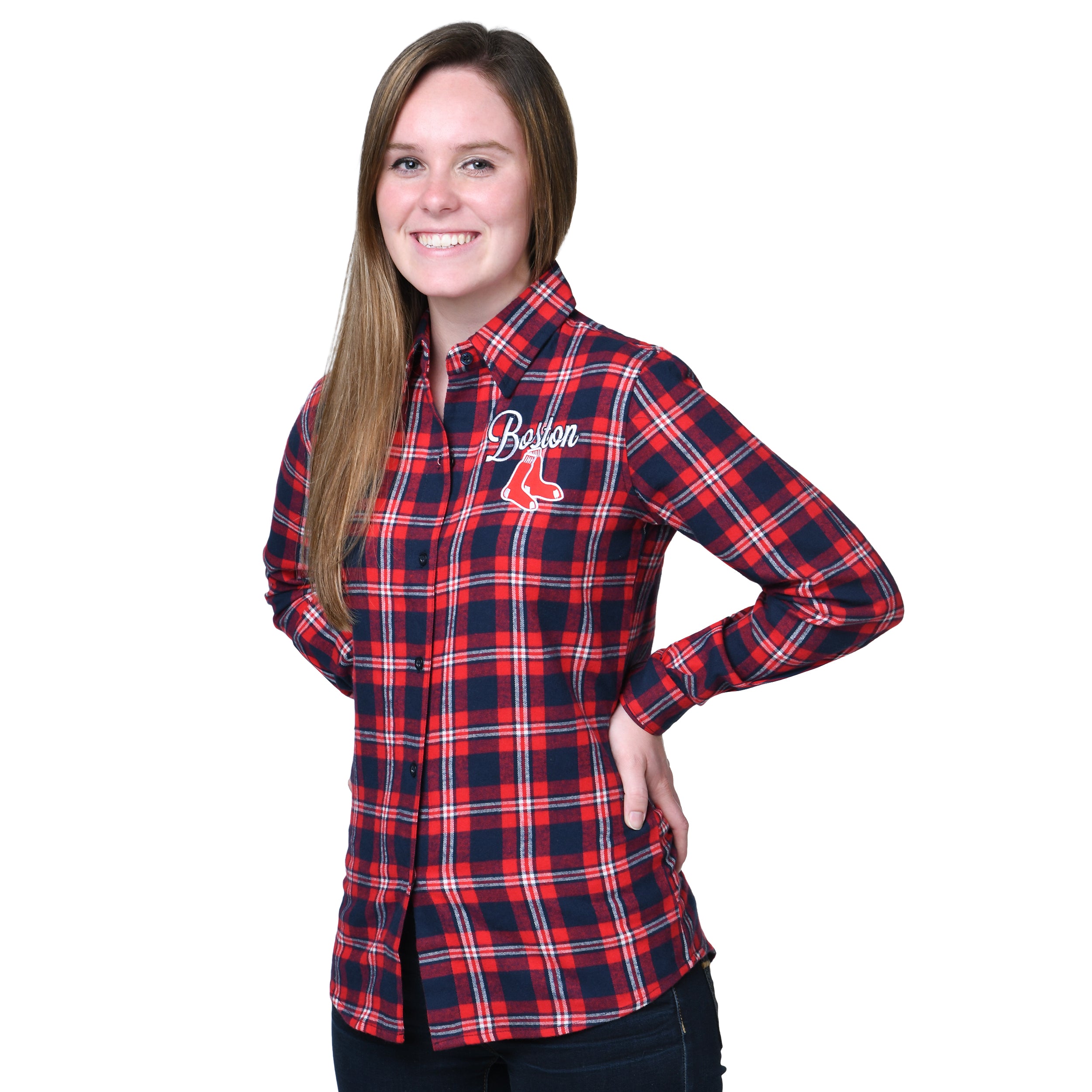 FOCO Boston Red Sox Women's Flannel Button-Up Long Sleeve Shirt - Navy