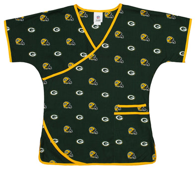 Fabrique Innovations NFL Women's Green Bay Packers Repeat Logo Wrap Scrub Top,Green