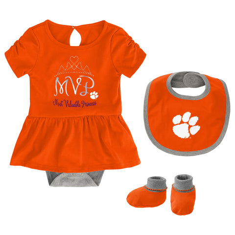 Outerstuff NCAA Infant Girls Clemson Tigers MVP Creeper, Bib & Bootie Set