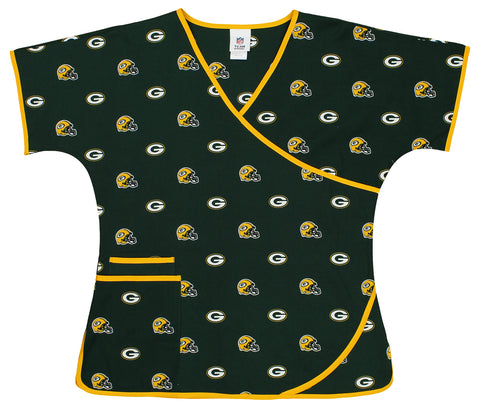 Fabrique Innovations NFL Women's Green Bay Packers Repeat Logo Wrap Scrub Top