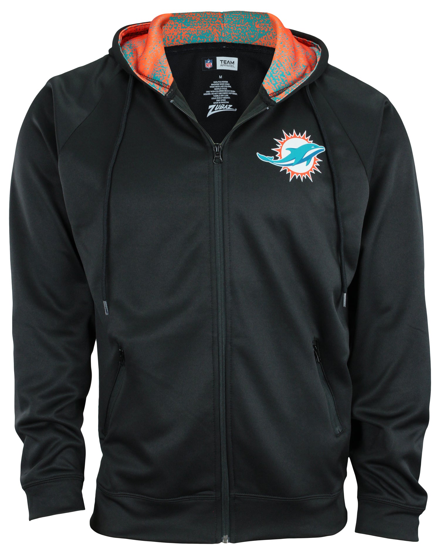 Zubaz Miami Dolphins NFL Men's Full Zip Fleece Hoodie Jacket, Black