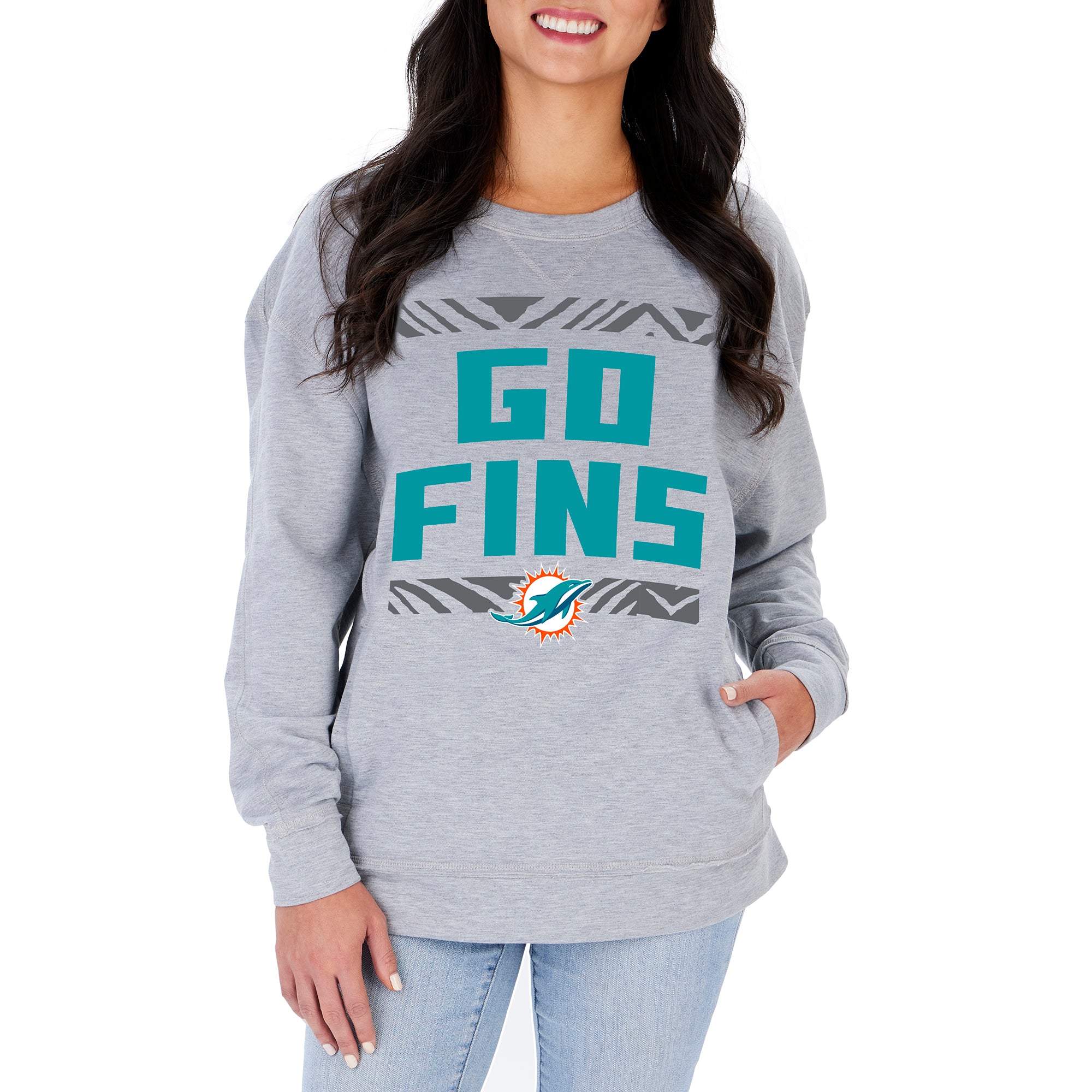 Zubaz Miami Dolphins Heather Gray Crew Neck Sweatshirt with Zebra Graphic, Medium