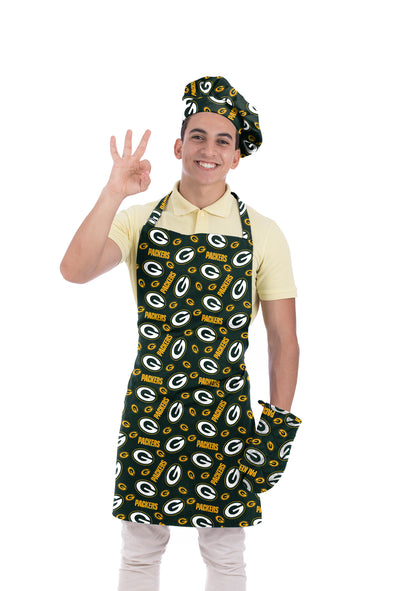 Northwest NFL Adult Unisex Green Bay Packers Scatter Print 3 Piece Chef Set