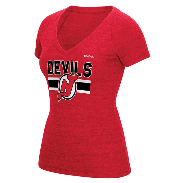 Reebok NHL Women's New Jersey Devils Stacked Stripe Tri-Blend V-Neck Tee