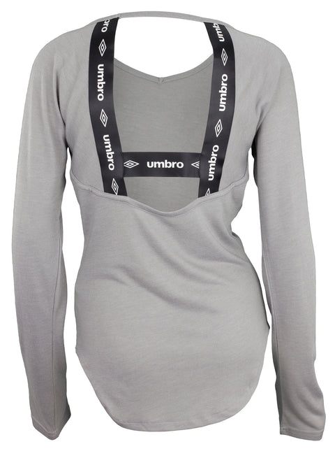Umbro Women's Open Back Long Sleeve V-Neck Top, Medium Grey Heather/Black Beauty
