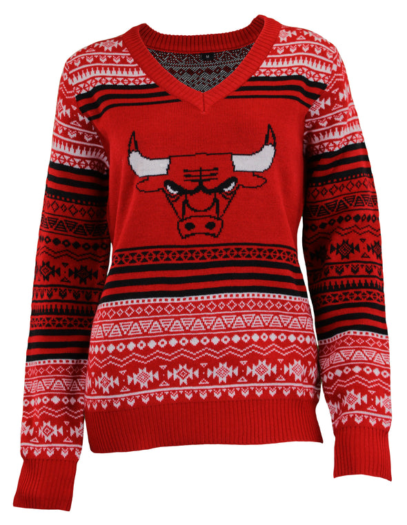 Forever Collectibles NBA Women's Chicago Bulls Big Logo Aztec V-Neck Sweater