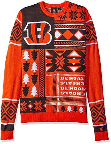 Klew NFL Men's Cincinnati Bengals Patches Ugly Sweater, Orange/Black