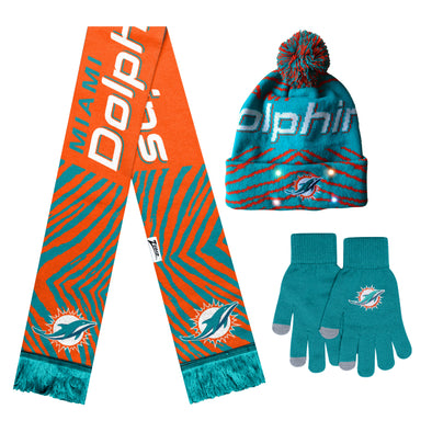 FOCO X Zubaz NFL Collab 3 Pack Glove Scarf & Hat Outdoor Winter Set, Miami Dolphins