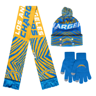 FOCO X Zubaz NFL Collab 3 Pack Glove Scarf & Hat Outdoor Winter Set, Los Angeles Chargers