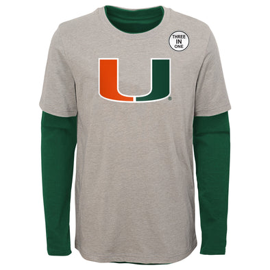 Outerstuff Miami Hurricanes NCAA Kids (4-7) Goal Line Stand 3 in 1 Combo Tee, Green/Grey
