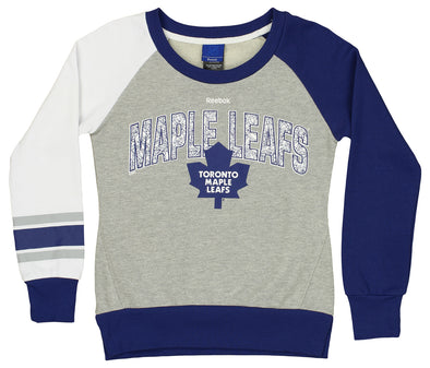 Reebok Toronto Maple Leafs NHL Girls' Youth (7-16) Amethyst Long Sleeve Fleece Crew Top, Grey/Navy