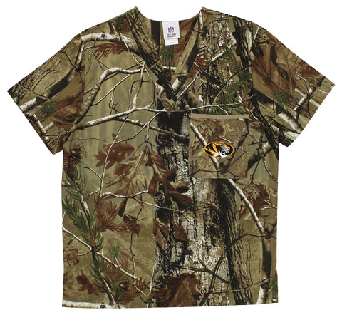 Fabrique Innovations NCAA Unisex Missouri Tigers Camo Team Logo Scrub Top