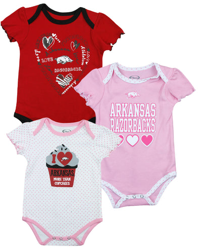NCAA College Infant Girl's Arkansas Razorbacks 3 Pack Creeper Bodysuit Set
