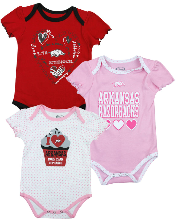 NCAA College Infant Girl's Arkansas Razorbacks 3 Pack Creeper Bodysuit Set