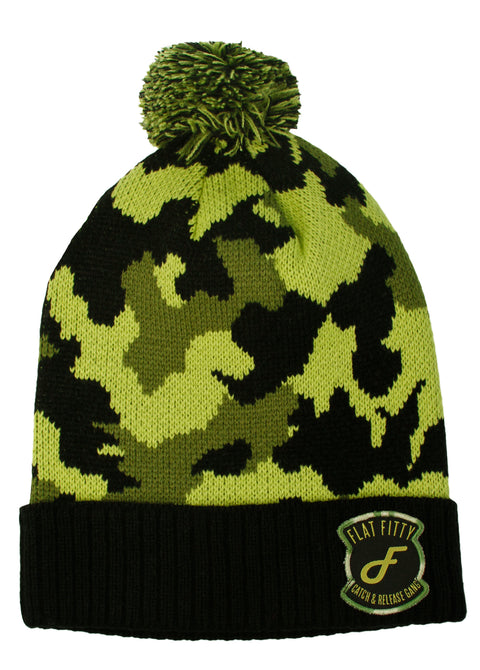 Flat Fitty Catch & Release Gang Patched Camo Cuff Pom Pom Beanie Cap Hat