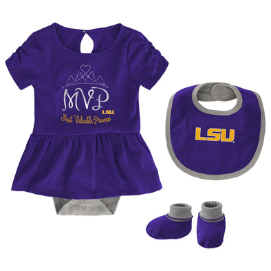 Outerstuff NCAA Infant Girls LSU Tigers MVP Creeper, Bib & Bootie Set
