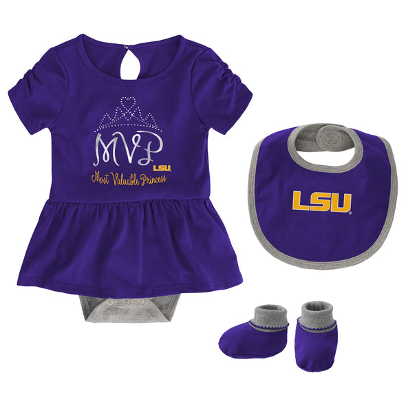 Outerstuff NCAA Infant Girls LSU Tigers MVP Creeper, Bib & Bootie Set