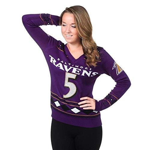 Klew NFL Women's Baltimore Ravens Joe Flacco #5 Big Logo Glitter Player Sweater