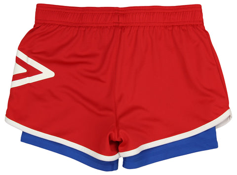 Umbro Girls' Youth (4-14) 2 in 1 Mesh Knit Soccer Training Shorts, Vermillion/TW Royal