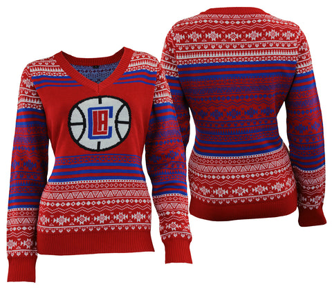 FOCO NBA Women's Los Angeles Clippers Big Logo Aztec V-Neck Sweater