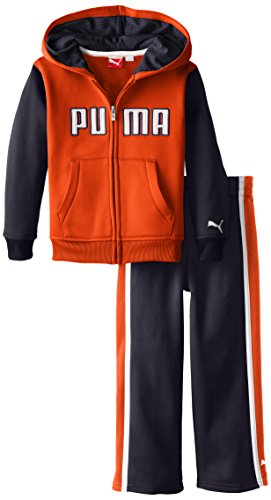 PUMA Little Boy's Kids Logo 2-Piece Zip Up Hoodie Sweatpants Outfit Set, Red/Orange