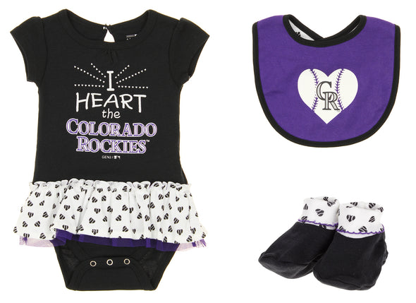 Outerstuff MLB Infant Colorado Rockies Play With Heart Creeper, Bib & Bootie Set