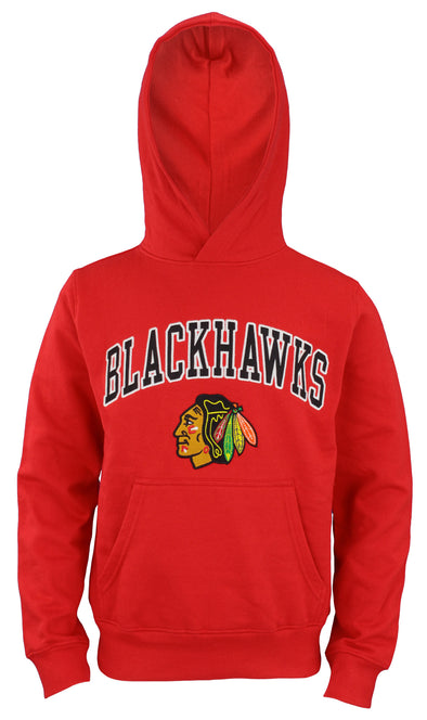 OuterStuff NHL Youth Chicago Blackhawks Arched Word-Mark Fleece Hoodie, Red