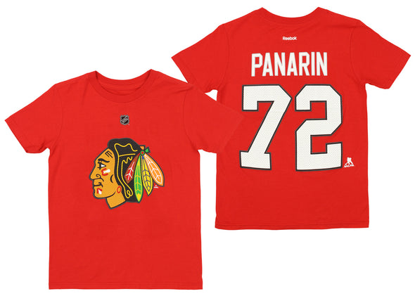 Reebok NHL Boys Youth Chicago Blackhawks Artemi Panarin #72 Short Sleeve Cotton Tee, Red