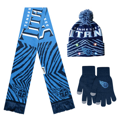 FOCO X Zubaz NFL Collab 3 Pack Glove Scarf & Hat Outdoor Winter Set, Tennessee Titans