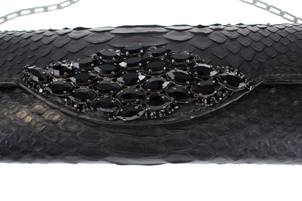 Carlos Falchi Jeweled Python Snake Clutch Shoulder Purse - Black